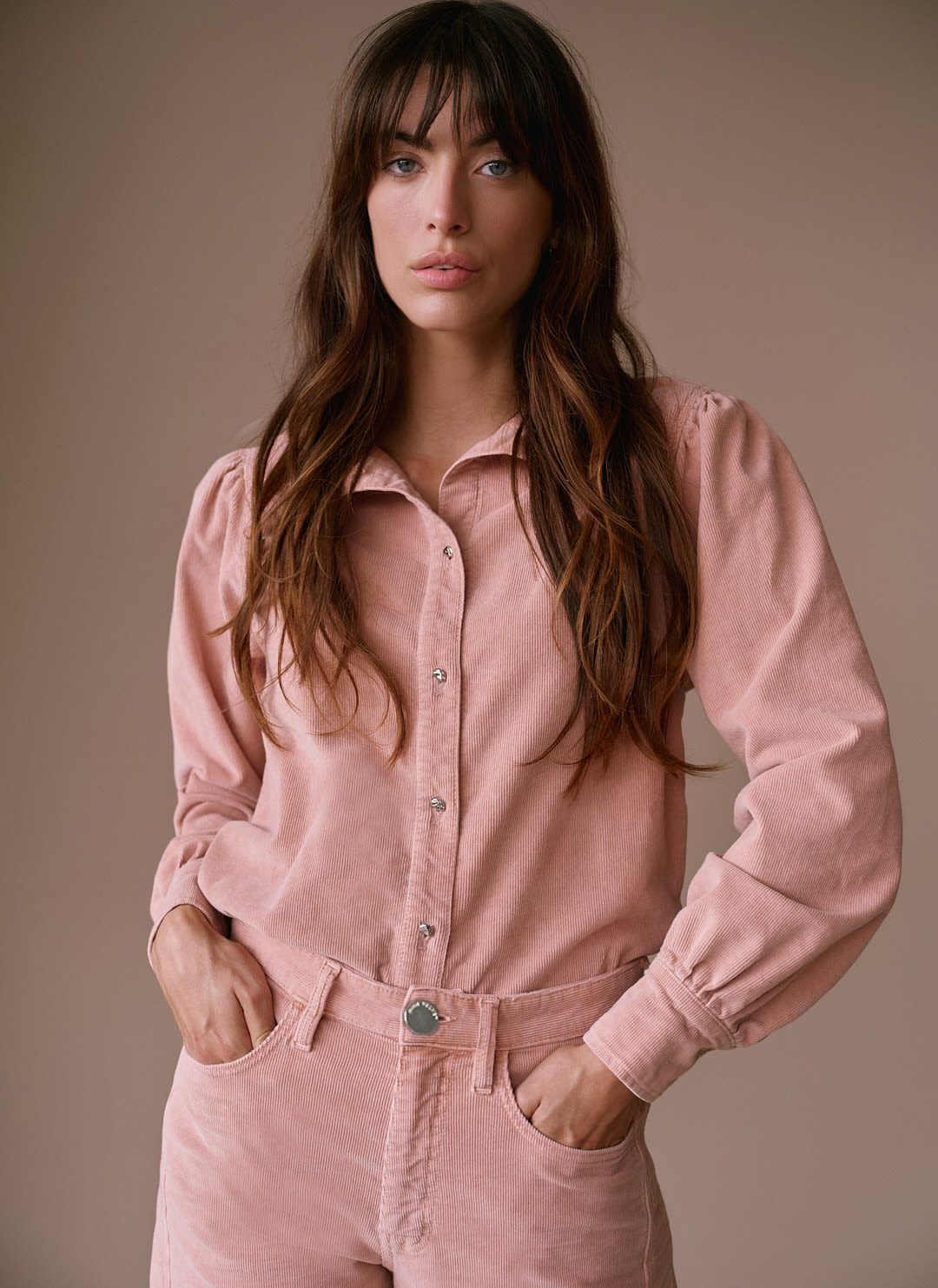 Pink Corduroy Puff Sleeve Shirt