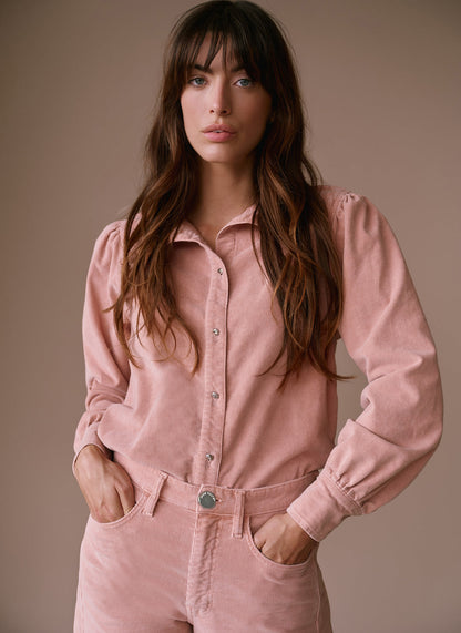 Pink Corduroy Puff Sleeve Shirt