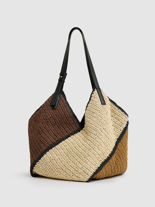 Raffia-Effect Colour-Block Tote Bag in Tan