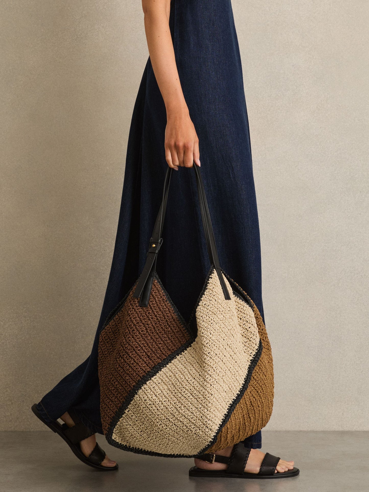 Raffia-Effect Colour-Block Tote Bag in Tan