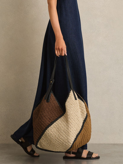 Raffia-Effect Colour-Block Tote Bag in Tan