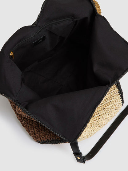 Raffia-Effect Colour-Block Tote Bag in Tan
