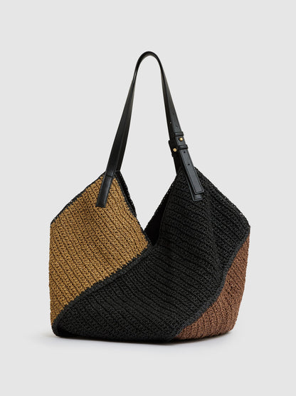 Raffia-Effect Colour-Block Tote Bag in Tan