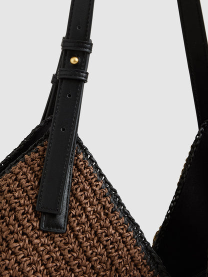 Raffia-Effect Colour-Block Tote Bag in Tan