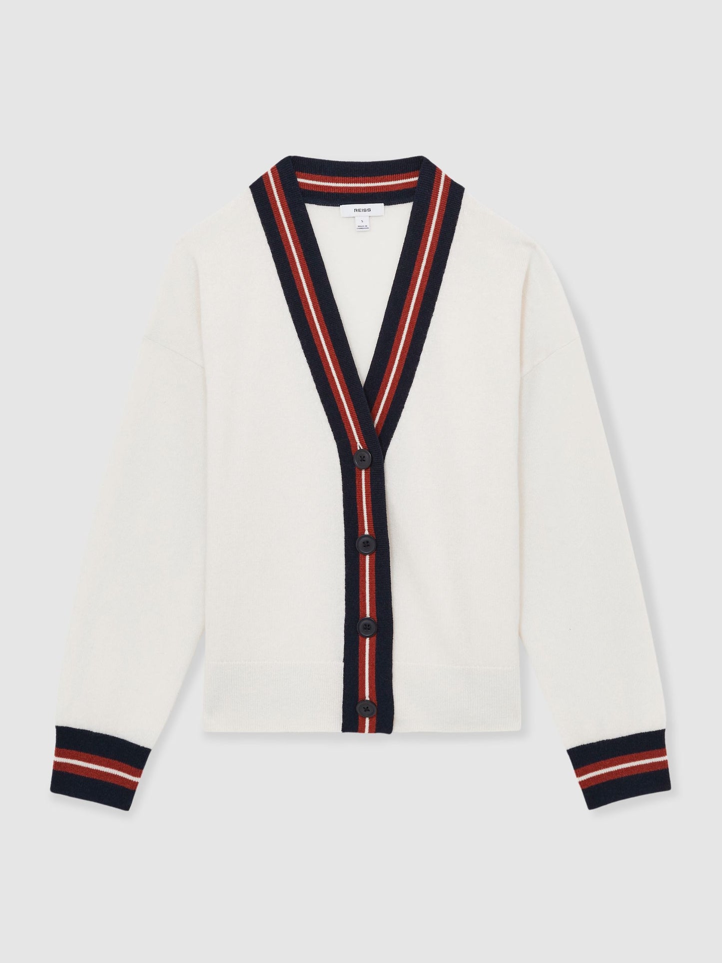 Wool Cashmere Stripe Trim Cardigan in White