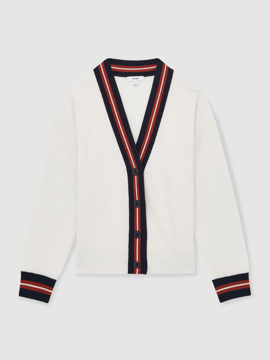 Wool Cashmere Stripe Trim Cardigan in White