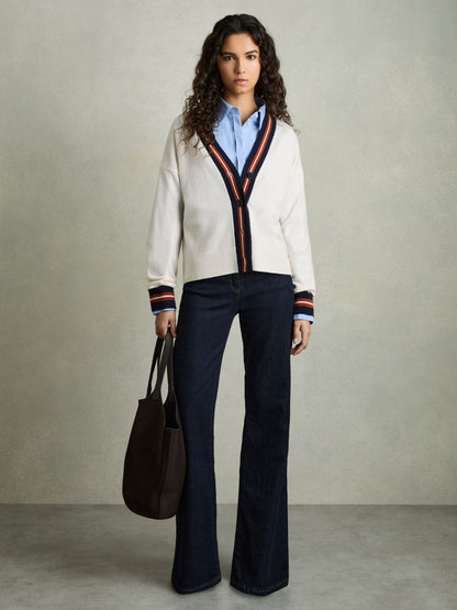 Wool Cashmere Stripe Trim Cardigan in White