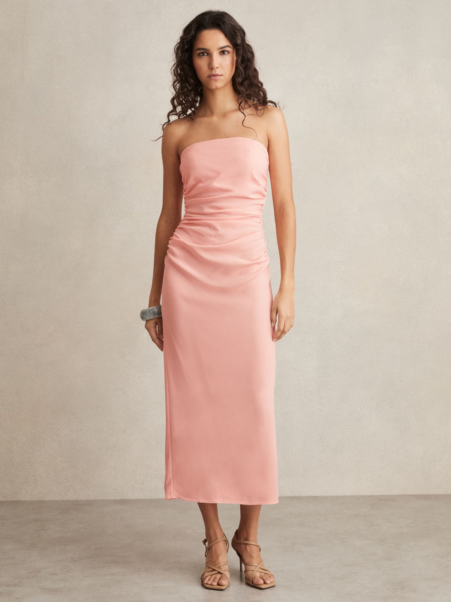 Ruched Strapless Bodycon Dress in Pink