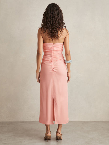 Ruched Strapless Bodycon Dress in Pink