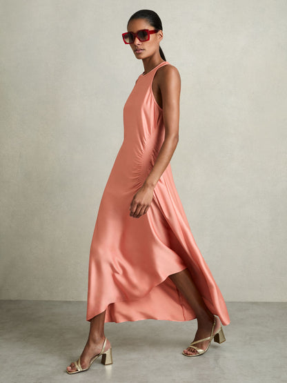 Satin Shirred Midi Dress in Coral