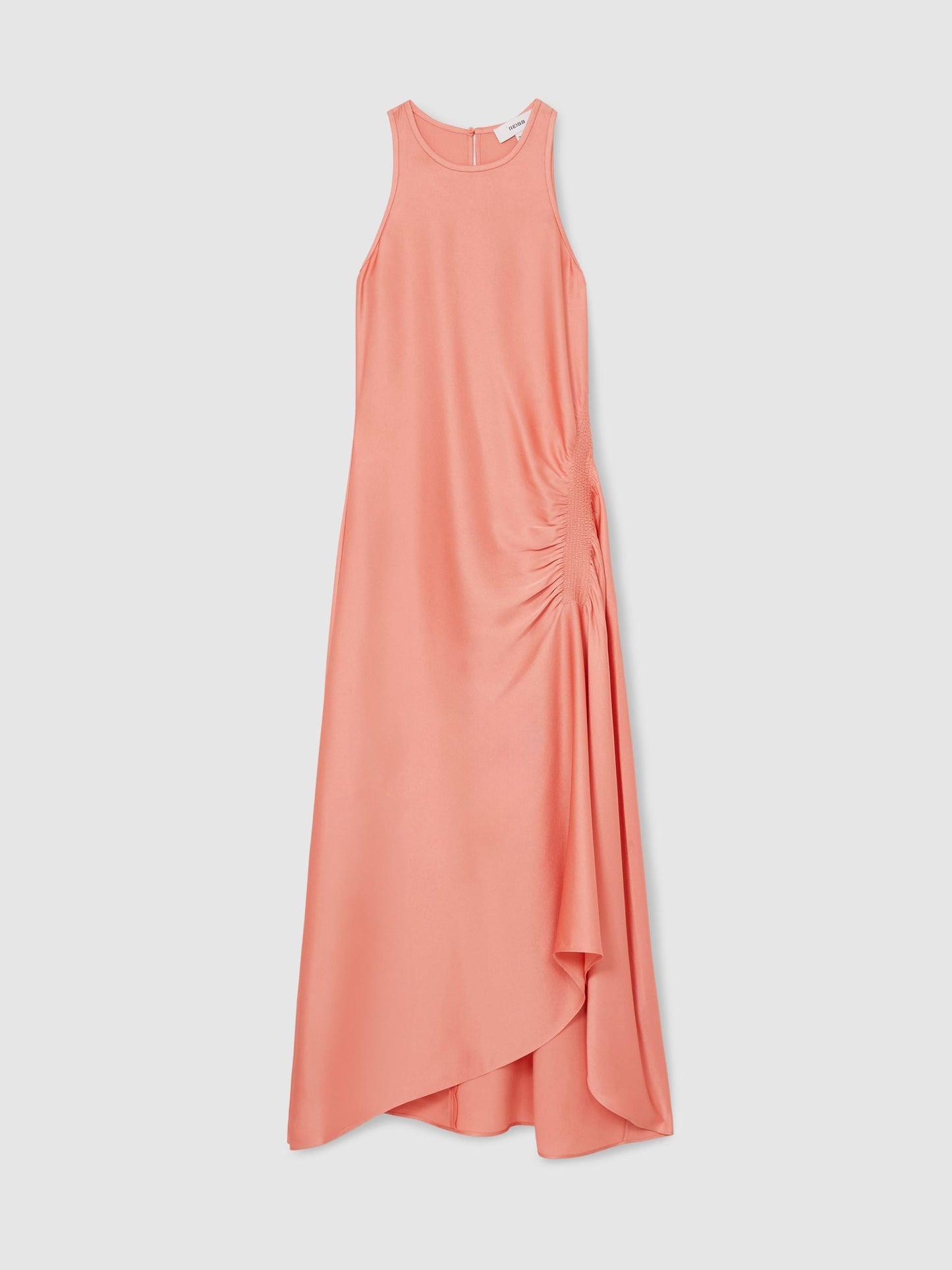 Satin Shirred Midi Dress in Coral