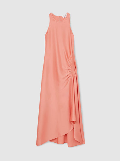 Satin Shirred Midi Dress in Coral