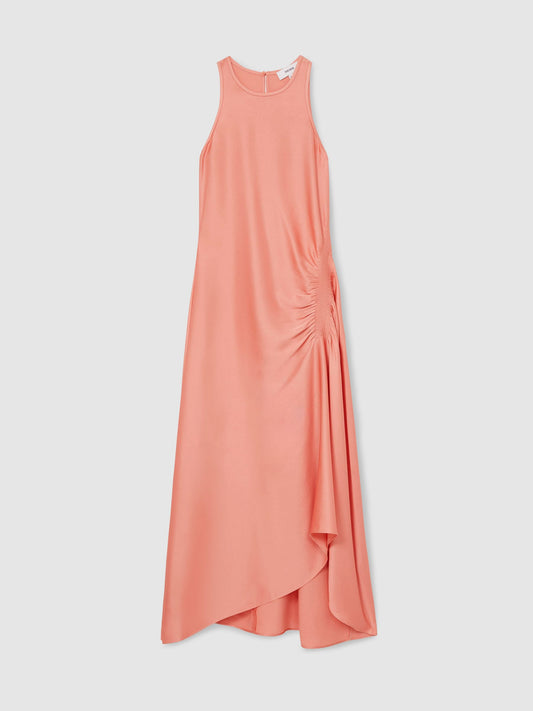 Satin Shirred Midi Dress in Coral