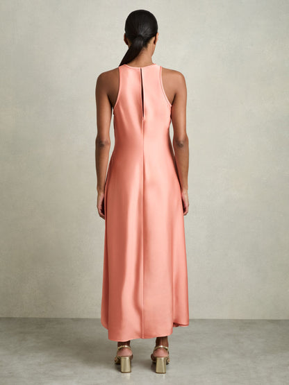 Satin Shirred Midi Dress in Coral