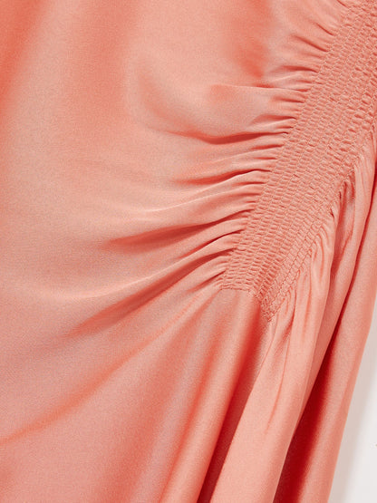 Satin Shirred Midi Dress in Coral