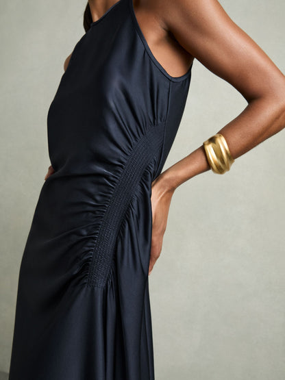 Satin Shirred Midi Dress in Navy