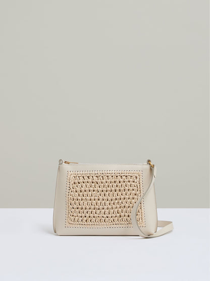 Raffia Leather Cross-Body Bag in Off White