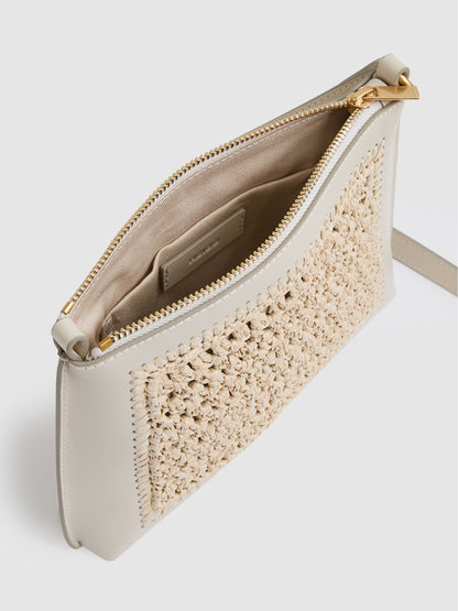 Raffia Leather Cross-Body Bag in Off White