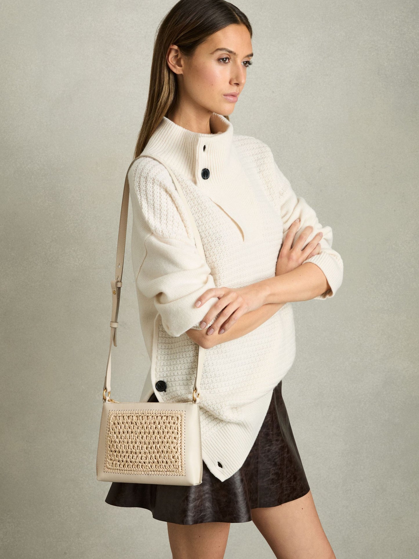 Raffia Leather Cross-Body Bag in Off White