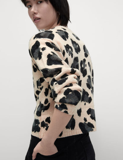 Animal Print Crew Neck Cardigan with Wool