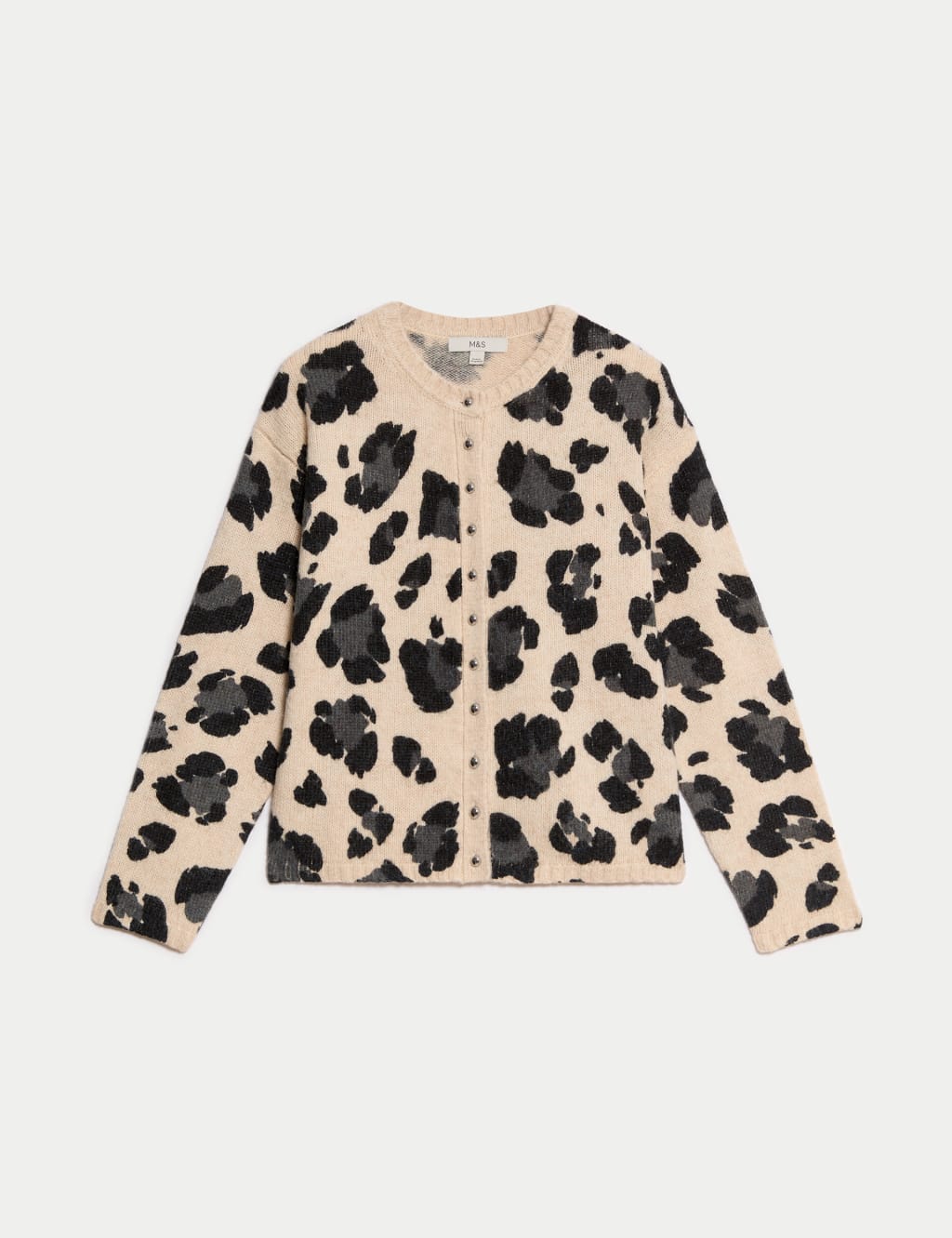 Animal Print Crew Neck Cardigan with Wool