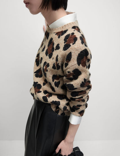 Animal Print Crew Neck Relaxed Jumper with Wool