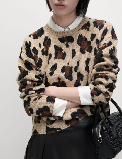 Animal Print Crew Neck Relaxed Jumper with Wool