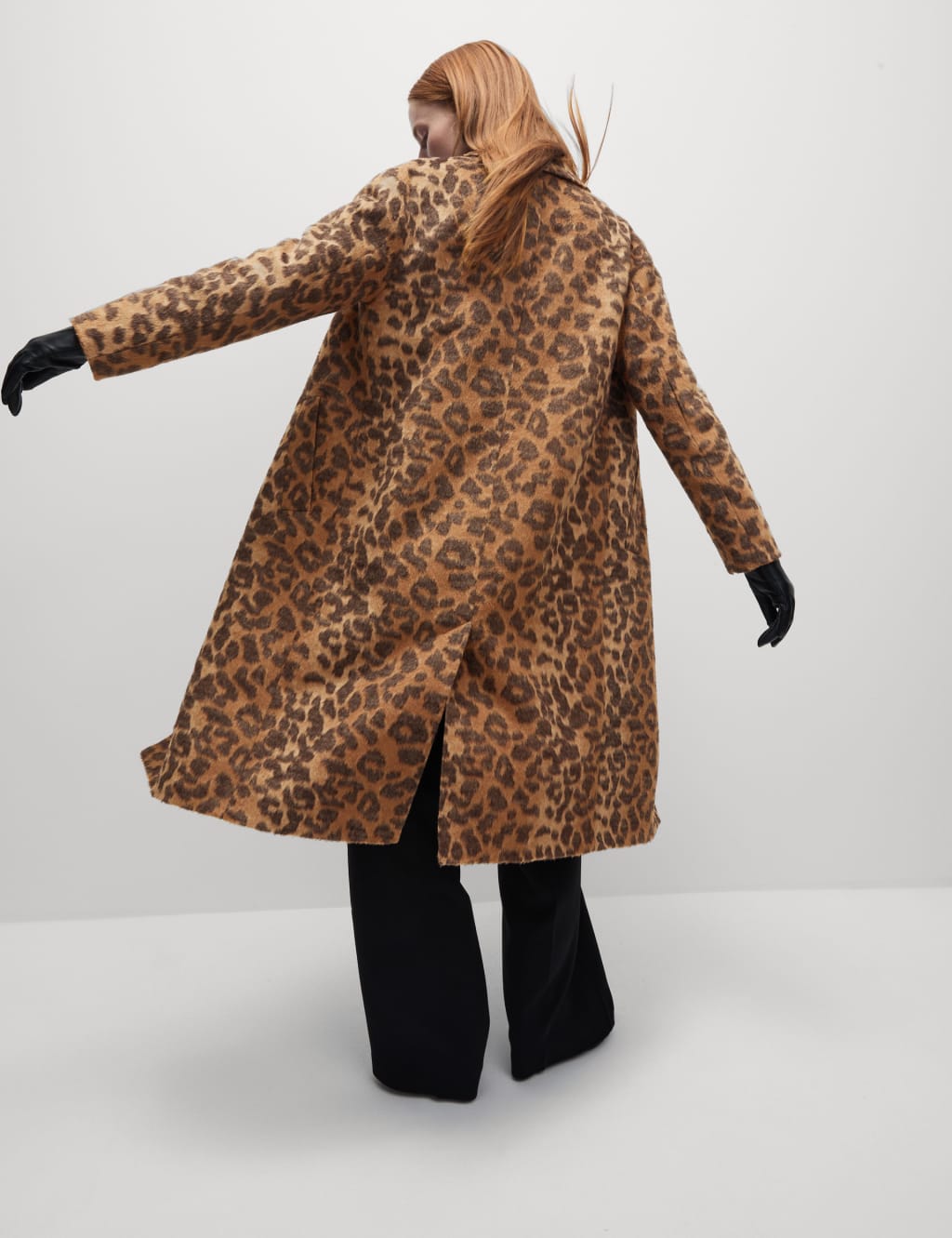 Animal Print Longline Coat With Wool