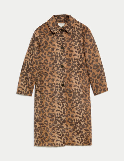 Animal Print Longline Coat With Wool