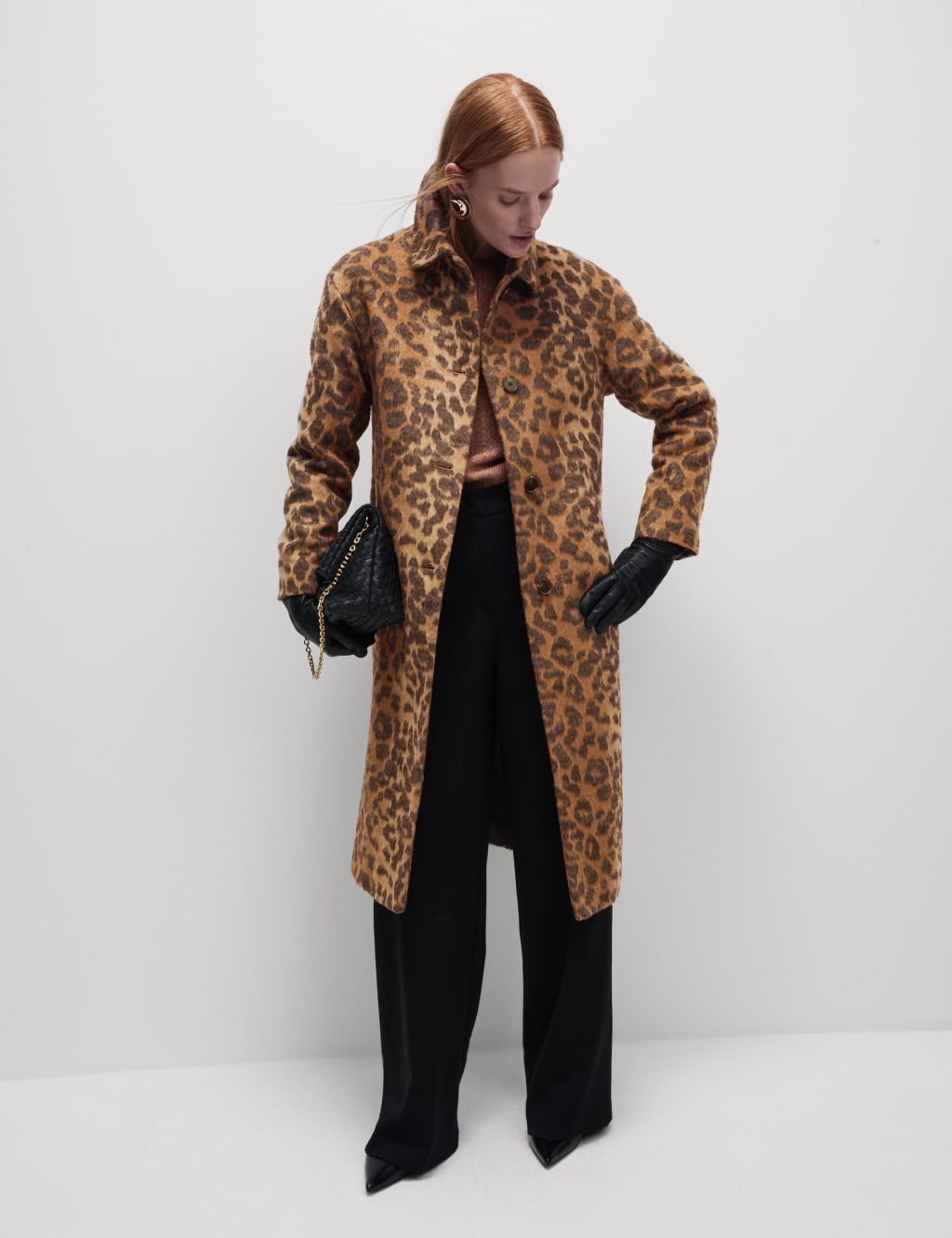 Animal Print Longline Coat With Wool