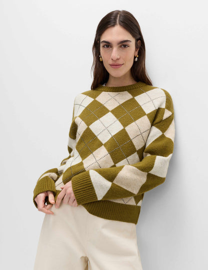 Argyle Crew Neck Slim Fit Jumper with Wool