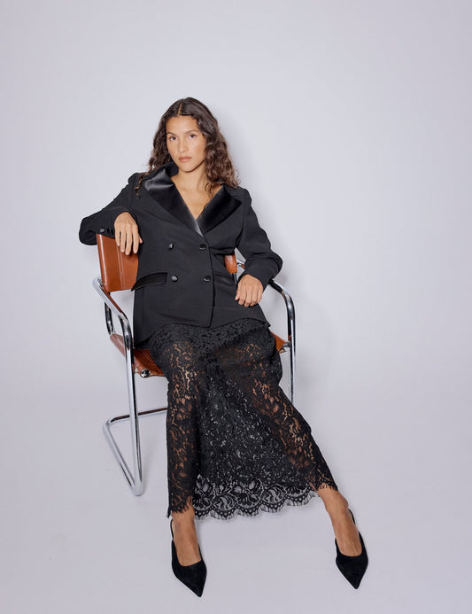 Black Floral Lace Midi Skirt