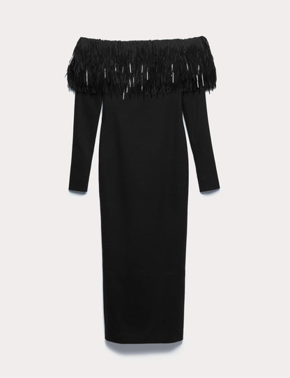 Bardot Feather Fringed Midi Bodycon Dress