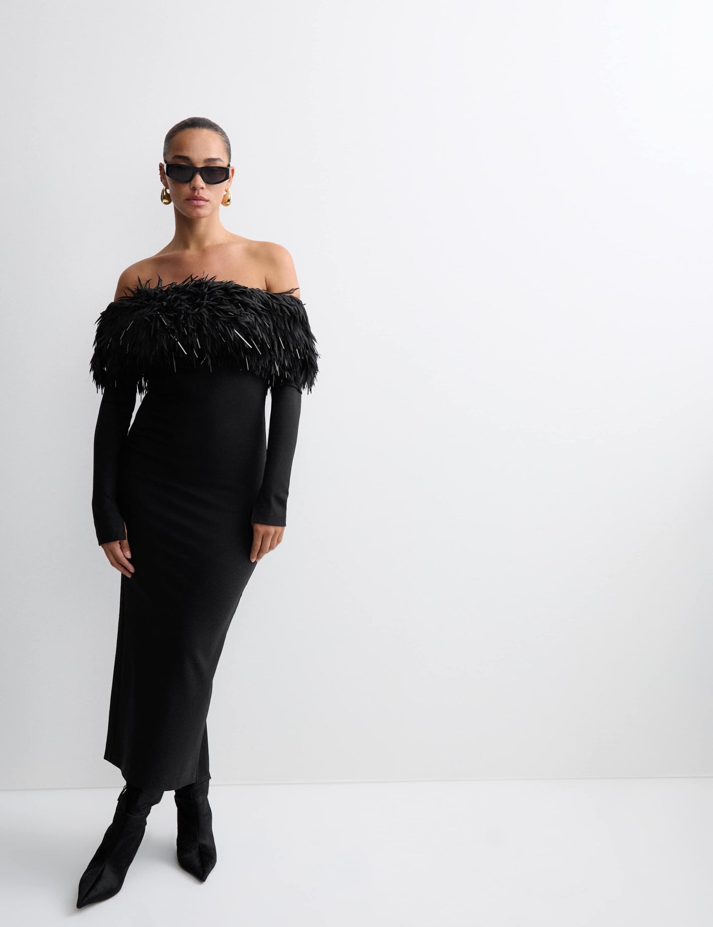 Bardot Feather Fringed Midi Bodycon Dress