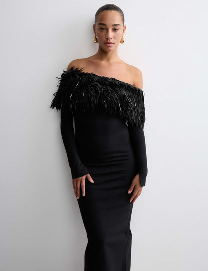 Bardot Feather Fringed Midi Bodycon Dress