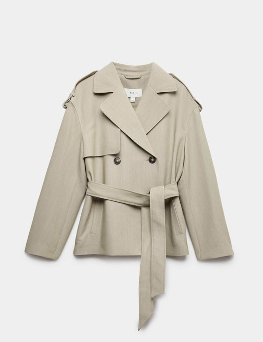 Belted Double Breasted Short Trench Coat