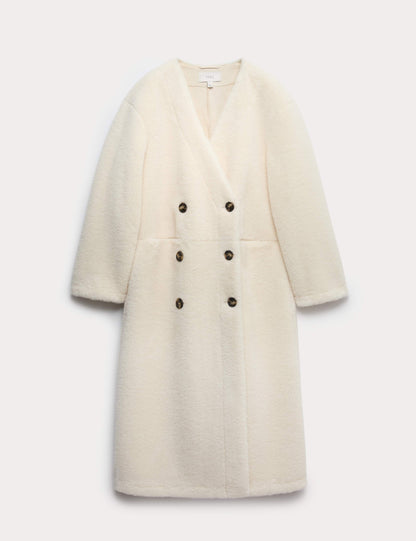 Borg Collarless Double Breasted Longline Coat