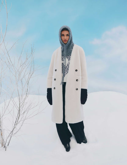 Borg Collarless Double Breasted Longline Coat