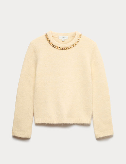 Chain Detail Crew Neck Jumper with Wool