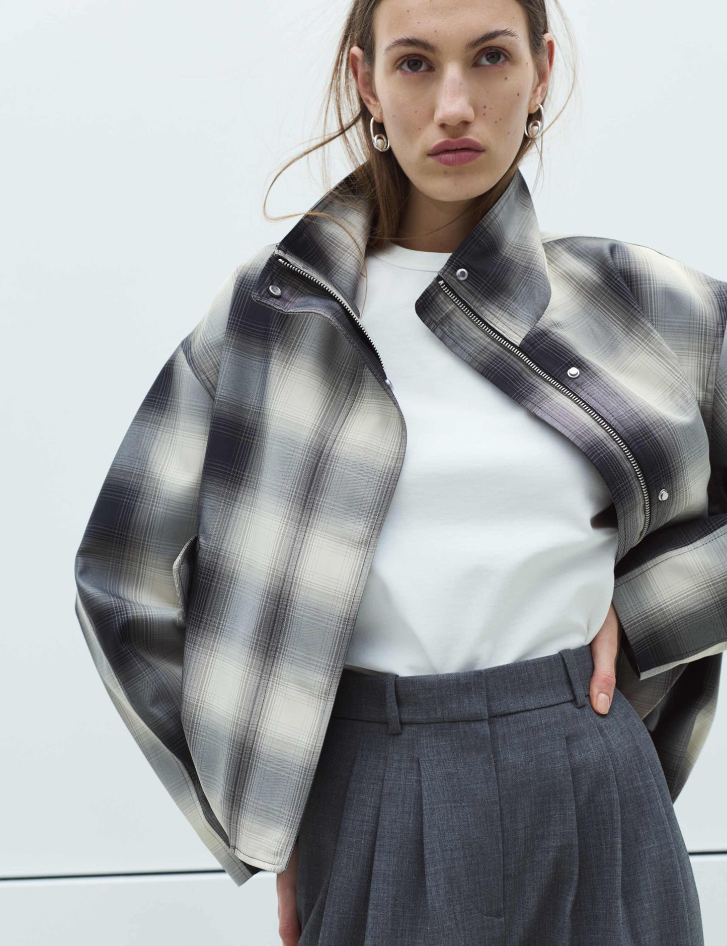Checked Bubble Hem Funnel Neck Jacket