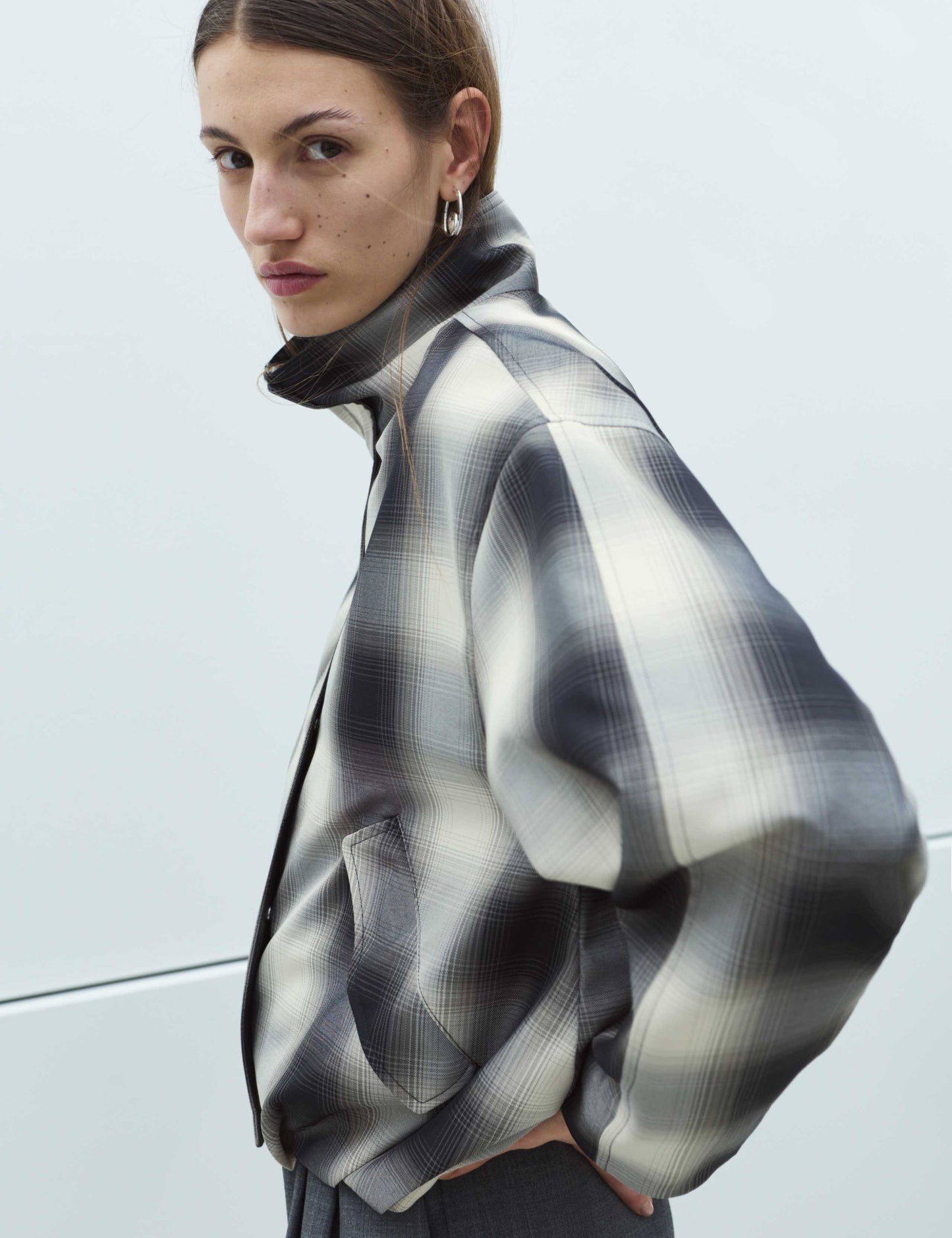 Checked Bubble Hem Funnel Neck Jacket