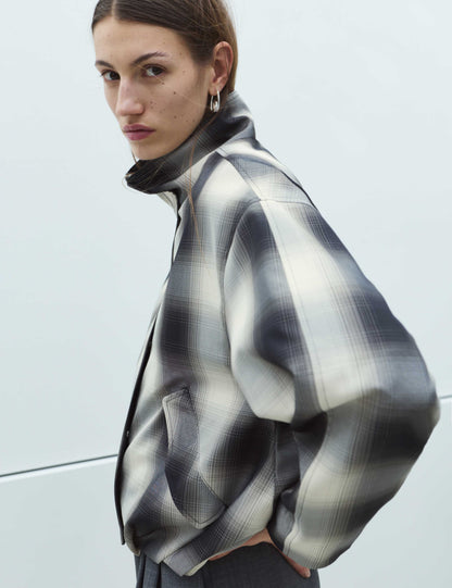 Checked Bubble Hem Funnel Neck Jacket
