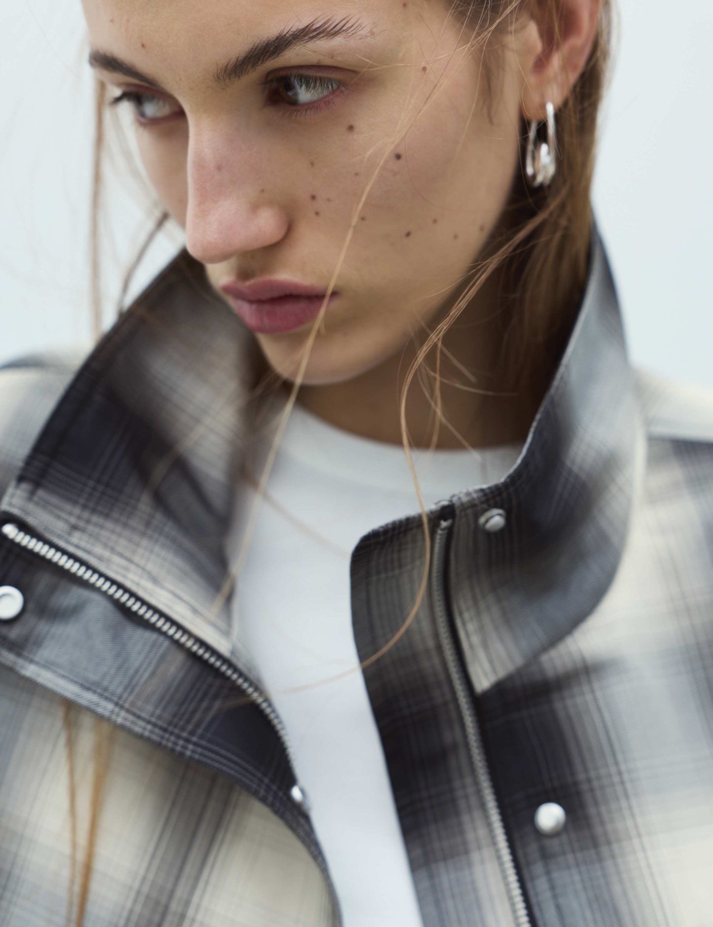 Checked Bubble Hem Funnel Neck Jacket