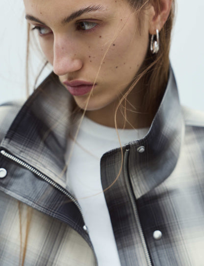 Checked Bubble Hem Funnel Neck Jacket