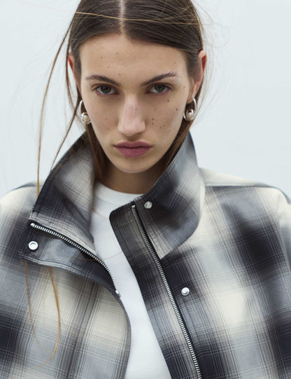 Checked Bubble Hem Funnel Neck Jacket