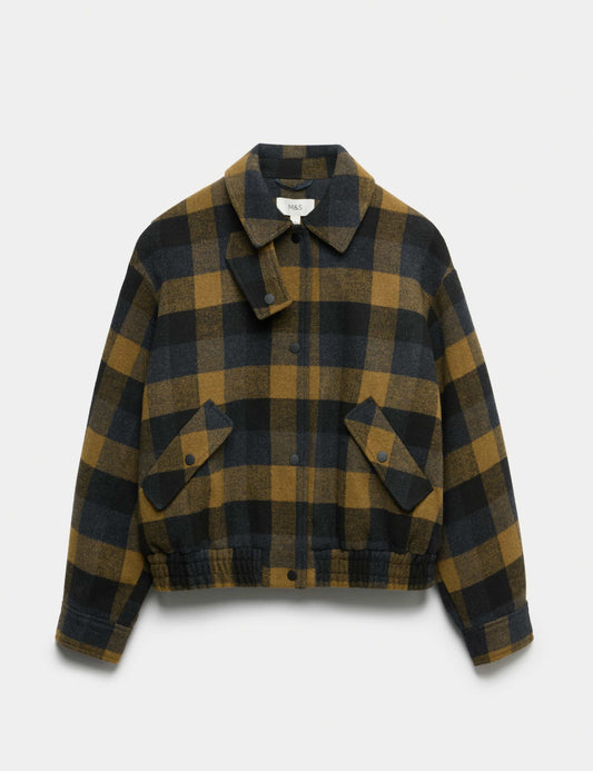 Checked Collared Bomber Jacket with Wool