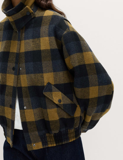 Checked Collared Bomber Jacket with Wool
