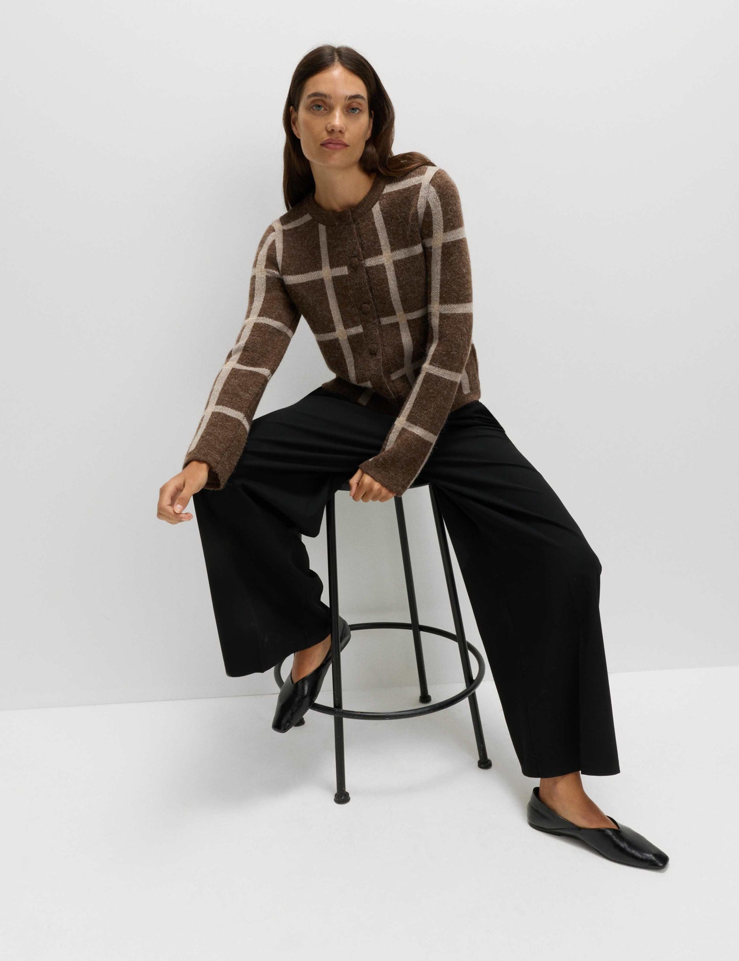 Checked Crew Neck Cardigan With Wool