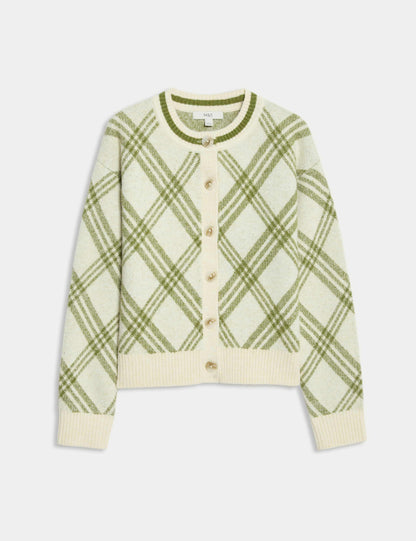 Checked Crew Neck Cardigan With Wool