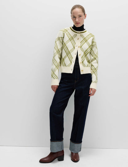 Checked Crew Neck Cardigan With Wool